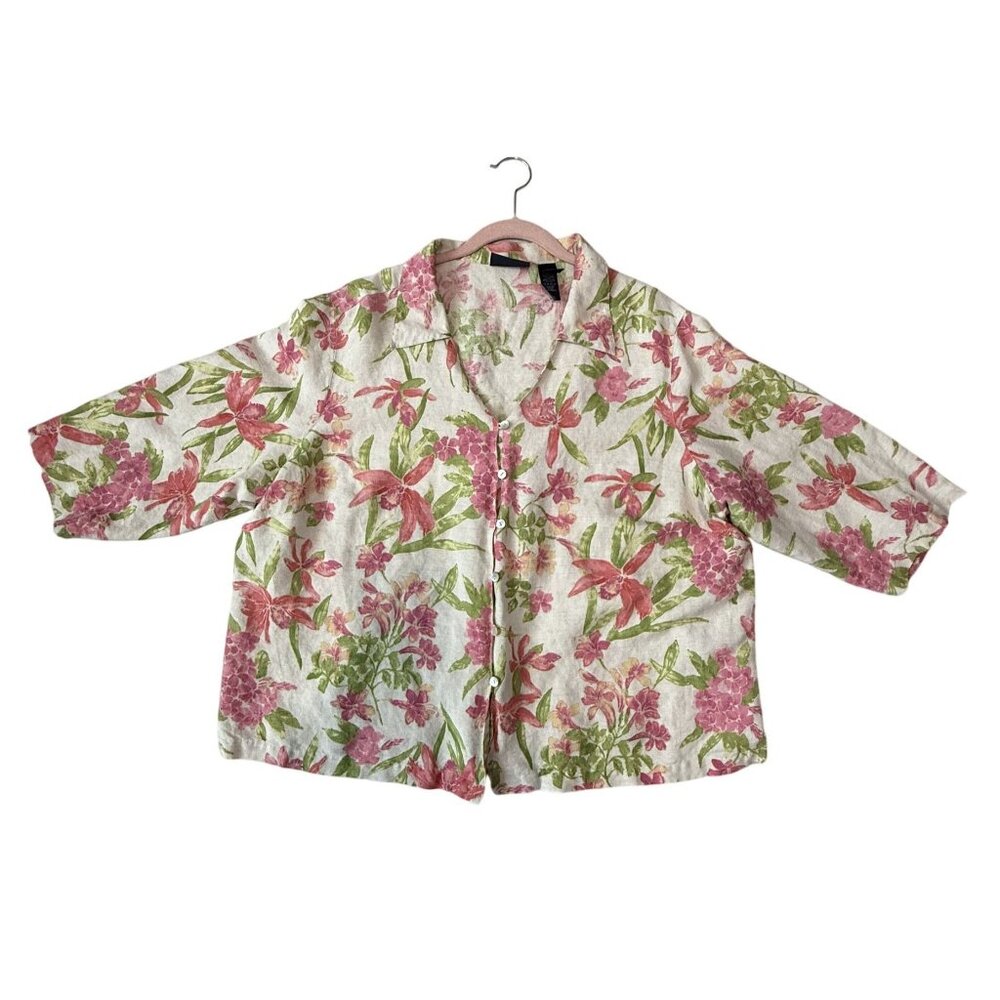 Crazy Horse Liz Clairborne Womens Size 2X Floral Linen-Blend Button-Up Shirt
